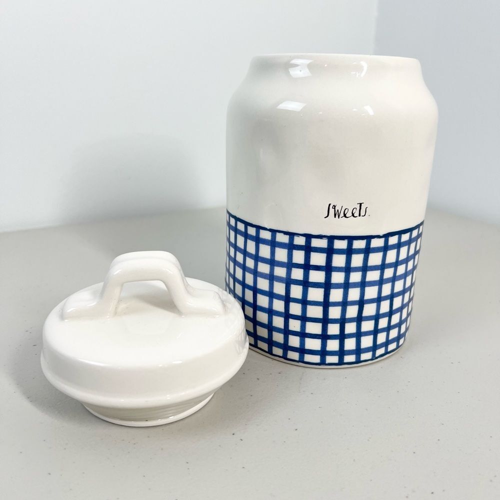 Rae Dunn Sweets Ceramic Canister Jar W/ Lid Blue Gingham Artisan Collection - Picture 3 of 9